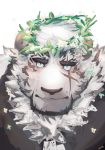  1boy animal_ears arknights bara black_tank_top blue_eyes blush flower_wreath furry highres huwenlang looking_at_viewer male_focus mountain_(arknights) scar scar_across_eye short_hair simple_background sketch solo tank_top tiger_boy tiger_ears tiger_stripes white_background white_fur white_hair 