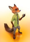  2020 anthro barefoot bottomwear canid canine cellphone claws clothing disney fox fur gradient_background green_eyes hi_res holding_cellphone holding_object holding_phone inner_ear_fluff lepricon male mammal necktie nick_wilde orange_body orange_fur pants phone red_fox shirt simple_background solo standing toe_claws topwear tuft zootopia 