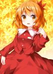  1girl aki_shizuha bangs buttons cowboy_shot eyebrows_visible_through_hair gradient gradient_background hair_ornament highres holding holding_leaf leaf leaf_background leaf_hair_ornament long_sleeves looking_at_viewer maple_leaf medium_hair open_mouth orange_background orange_eyes orange_hair red_shirt red_skirt ruu_(tksymkw) shirt skirt smile solo standing touhou 