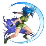  1girl artist_request black_gloves blue_eyes blue_hair boku_&amp;_dragons boots earrings explosion fighting_stance gloves green_jacket green_shorts jacket jewelry leona_heidern looking_at_viewer military military_uniform official_art ponytail serious shorts soldier solo the_king_of_fighters tied_hair transparent_background triangle_earrings uniform 