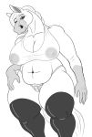 anthro belly big_breasts breasts clothing equid equine female genitals hi_res horse legwear mammal monochrome pupils pussy pussy_floss slightly_chubby snakedakyoot solo square_pupils thick_thighs thigh_highs visible_nipples 