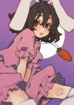  1girl :o absurdres animal_ears arms_between_legs blurry brown_hair bunny_ears carrot_necklace commentary_request depth_of_field dress eyebrows_behind_hair feet_out_of_frame flat_chest floppy_ears gradient gradient_background hair_between_eyes highres inaba_tewi leaning_forward moon open_mouth perspective pink_dress prat_rat puffy_short_sleeves puffy_sleeves red_eyes short_hair short_sleeves simple_background sitting socks solo touhou white_legwear 