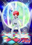  1boy afro ayaushi!_kingabiru belt brown_belt chest_hair clenched_hand cosmo_yuki densetsu_kyojin_ideon disco disco_ball formal grey_eyes highres looking_to_the_side pants parody pointing pointing_up red_hair saturday_night_fever solo suit v-shaped_eyebrows white_pants white_suit 