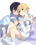  2boys :d bangs black_eyes black_hair blonde_hair blue_eyes blush closed_eyes closed_mouth commentary_request eugeo green_eyes highres hug kirito long_hair long_sleeves looking_at_another male_focus multiple_boys no_shoes noro_(ro_no) open_mouth pajamas pillow short_hair sitting smile socks striped striped_pajamas sword_art_online sword_art_online:_alicization younger 