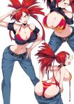  1girl ^^^ ass bangs belt bikini blue_pants breasts cleavage collage crop_top denim flannery_(pokemon) gym_leader highres huge_breasts jeans long_hair midriff mouth_hold navel open_fly open_mouth pants pink_bikini pokemon pokemon_(game) pokemon_oras red_eyes red_hair salute shimure_(460) sideboob slender_waist solo split_ponytail striped striped_bikini sweat swept_bangs swimsuit swimsuit_under_clothes toned undressing untied untied_bikini upper_teeth white_background yellow_bikini 