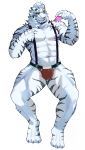  1boy abs alternate_costume animal_ears arknights bara blue_eyes bulge condom condom_wrapper full_body furry highres holding holding_condom jockstrap looking_at_viewer male_focus mountain_(arknights) muscle navel pectorals pointing pointing_at_self red_male_underwear scar scar_across_eye seductive_smile sharp_toenails short_hair simple_background smile solo suspenders thick_thighs thighs tiger_boy tiger_ears tiger_stripes toenails ucncb underwear underwear_only white_background white_fur white_hair 