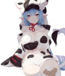  1girl animal_ears animal_print bangs blue_hair blunt_bangs commentary_request cow_ears cow_girl cow_hood cow_horns cow_print cow_tail draph ear_piercing eyebrows_visible_through_hair granblue_fantasy hat highres horns long_hair looking_at_viewer piercing pink_eyes pointy_ears shatola_(granblue_fantasy) shorts simple_background sitting solo sutaa_dasuto-kun tail thighhighs thighs white_background white_legwear white_shorts 