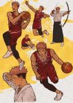  1boy alternate_costume archery bare_shoulders basketball basketball_jersey basketball_uniform blush bow_(weapon) brown_eyes brown_hair casual collage grmms_otk highres itadori_yuuji jujutsu_kaisen jumping male_focus multicolored_hair multiple_views pink_hair shoes short_hair sleeveless sneakers spiked_hair sportswear toned toned_male two-tone_hair undercut weapon 