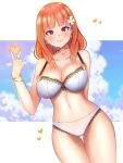  1girl alternate_breast_size arm_behind_back bangs bikini blunt_bangs blush bracelet breasts celica_(fire_emblem) choker cleavage cloud collarbone cross earrings english_commentary eyebrows_visible_through_hair fire_emblem fire_emblem_echoes:_shadows_of_valentia fire_emblem_heroes flower gold_bracelet gold_choker gold_earrings gold_necklace gold_trim hair_flower hair_ornament heart highres jewelry jxh_soda letterboxed lips looking_at_viewer navel necklace orange_hair red_eyes ring shadow sky smile solo swimsuit thigh_gap thighs v white_bikini white_flower 