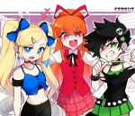  3girls anger_vein angry bare_shoulders black_hair blonde_hair blossom_(ppg) blue_bow blue_eyes bow breasts bright_pupils bubbles_(ppg) buttercup_(ppg) buttons ciosuii clenched_teeth english_commentary fang green_eyes green_skirt hair_bow hair_ornament hairclip highres looking_at_viewer multiple_girls navel open_mouth orange_hair pleated_skirt ponytail powerpuff_girls red_eyes red_vest short_hair skirt small_breasts spiked_hair standing teeth twintails vest white_pupils 