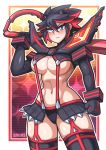  1girl absurdres artist_name blue_eyes blush breasts checkered checkered_background cleavage commentary expressionless highres holding holding_weapon kamui_(kill_la_kill) kill_la_kill looking_at_viewer matoi_ryuuko medium_breasts multicolored_hair red_eyes revealing_clothes sagas293 scissor_blade senketsu streaked_hair sword underboob weapon yellow_sclera 
