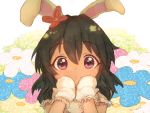  1girl animal_ears bangs black_hair blue_flower bob_cut bunny_ears chibi commentary dark_skin dress excited eyebrows_visible_through_hair field flower flower_in_eye gloves hair_between_eyes hair_flower hair_ornament hands_on_own_cheeks hands_on_own_face idolmaster idolmaster_cinderella_girls looking_at_viewer mozzy0v0y natalia_(idolmaster) parted_lips pink_flower raised_eyebrows short_hair short_sleeves solo symbol_commentary symbol_in_eye upper_body white_background white_dress white_flower yellow_flower 