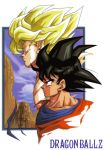  1990s_(style) 1boy aqua_eyes black_eyes black_hair blonde_hair copyright_name dragon_ball dragon_ball_z framed official_art portrait profile saiyan solo son_goku super_saiyan toriyama_akira variations 