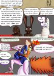  absurd_res albinefox anthro canid canine cartoon_violence collar comic disney english_text fan_character female fox group hi_res humor judy_hopps lagomorph leporid male mammal marshmallow_(albinefox) news_report nick_wilde rabbit simple_background tattoo text thick_thighs wide_hips zootopia 