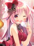  1girl ;d animal_ears bangs baozi bare_arms bare_shoulders blush bow breasts bunny_ears commentary_request dress eyebrows_visible_through_hair fang food hair_between_eyes hair_bow hand_up heart holding holding_food long_hair medium_breasts nail_polish one_eye_closed open_mouth original pan_(mimi) pink_hair pink_nails red_bow red_dress red_eyes sleeveless sleeveless_dress smile solo upper_body very_long_hair yukimi_(pan_(mimi)) 