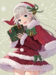  1girl :d asahi_yuuji bangs bell blush bow box capelet christmas commentary_request copyright_request dress eyebrows_visible_through_hair fur-trimmed_capelet fur-trimmed_dress fur-trimmed_headwear fur-trimmed_sleeves fur_trim gift gift_box green_bow green_eyes grey_background grey_hair hat head_tilt highres holding holding_gift long_hair long_sleeves looking_at_viewer merry_christmas open_mouth red_capelet red_dress red_headwear santa_costume santa_hat sleeves_past_wrists smile solo standing striped striped_bow virtual_youtuber 