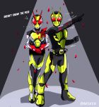  1boy 1girl absurdres armor bodysuit commentary english_text full_body hiden_aruto highres is_(kamen_rider_01) kamen_rider_01_(series) kamen_rider_zero-one kamen_rider_zero-two looking_at_viewer petals pose red_eyes reiei_8 rider_belt standing twitter_username 