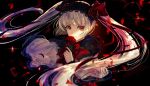 1girl arcaea bangs black_hairband bow capelet character_request closed_mouth commentary_request eyebrows_behind_hair floating_hair flower fur-trimmed_capelet fur-trimmed_sleeves fur_trim hair_bow hairband highres holding holding_flower long_hair long_sleeves looking_at_viewer petals red_bow red_eyes red_flower red_rose rose sanamisa silver_hair sleeves_past_wrists solo striped striped_bow twintails upper_body very_long_hair white_capelet 
