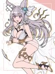  1girl animal_ears bandaid breasts cleavage commentary dress erune eyebrows_visible_through_hair feathers floral_background flower gold_footwear granblue_fantasy hair_flower hair_ornament high_heels highres korwa large_breasts ll_0109 long_hair open_mouth purple_eyes sandals see-through see-through_skirt showgirl_skirt silver_hair simple_background skirt solo sweatdrop thighlet thighs vambraces white_background white_dress white_skirt 