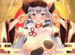  1girl animal_ears animal_print blue_hair breasts commentary_request cow_ears cow_hood cow_print detached_sleeves double_v draph granblue_fantasy hands_up large_breasts long_hair looking_at_viewer purple_eyes ramuda_(guilty931) shatola_(granblue_fantasy) solo upper_body v wide_sleeves 