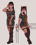  2girls asymmetrical_legwear belt bench black_eyes black_hair black_legwear bow bowtie brown_hair chikuma_(kantai_collection) commentary_request dress grey_background hair_between_eyes hair_ribbon hieda_(hiedanoaqn) highres kantai_collection long_hair military military_uniform multiple_girls puffy_short_sleeves puffy_sleeves ribbon short_dress short_sleeves simple_background single_thighhigh sitting thigh_strap thighhighs tone_(kantai_collection) twintails uniform white_ribbon 