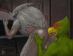  absurd_res alien anal anthro anus avian backsack balls bent_over bird bodily_fluids brouva butt detailed_background duo garrus_vakarian genitals hand_on_butt hi_res humanoid looking_back male male/male mass_effect oral presenting presenting_hindquarters rimming saliva saliva_string sex sparkx turian video_games 