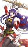  1girl :d abs absurdres alondite altina animal_ears antlers bare_shoulders bell black_legwear blue_eyes boots box breasts candy candy_cane christmas covered_navel deer_ears fake_antlers fire_emblem fire_emblem:_radiant_dawn fire_emblem_heroes food gift gift_box gloves gonzarez highres holding holding_sword holding_weapon huge_weapon large_breasts long_hair muscle open_mouth purple_hair reindeer_antlers sack simple_background skin_tight smile solo sword thighhighs weapon white_background white_gloves zettai_ryouiki 