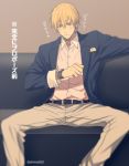  1boy bangs belt black_jacket blonde_hair blush brown_pants buttons closed_mouth collared_shirt commentary_request couch dress_shirt feet_out_of_frame frown grey_background hair_between_eyes jacket kise_ryouta kuroko_no_basuke long_sleeves looking_at_object looking_at_watch looking_down male_focus mashima_shima on_couch open_clothes open_jacket pants shirt short_hair simple_background sitting solo spread_legs translation_request waiting watch white_shirt wristwatch yellow_eyes 