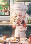  1girl :d ahoge apron baron_bunny blonde_hair dress fingertip_gentleman fisherman&#039;s_toast frying_pan genshin_impact hair_between_eyes highres ketchup_bottle klee_(genshin_impact) knife low_twintails one_eye_closed onion open_mouth oven_mitts pointy_ears pot red_dress red_eyes rolling_pin smile tree twintails window 