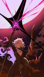  1boy absurdres arm_at_side arm_up bangs black_bodysuit blue_eyes bodysuit bsue commentary_request energy fate/apocrypha fate/grand_order fate_(series) from_below gem hair_over_one_eye highres holding holding_staff jewelry karna_(fate) looking_at_viewer male_focus moon outdoors pale_skin solo staff white_hair 