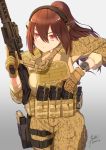  1girl absurdres brown_hair camouflage edzactly gun highres holding holding_gun holding_weapon military_operator original ponytail red_eyes reloading rifle tactical_clothes weapon 