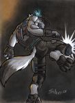  anthro arctic_wolf armor canid canine canis feet fight hi_res hindpaw kick male mammal paws science_fiction silver(character) silver_narrukka silverferak solo traditional_media_(artwork) wolf 
