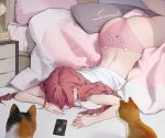  1girl alarm_clock animal animal_print ass bare_arms bed braid cat cat_ear_panties cat_print cellphone clock commentary dongho_kang hidden_face indoors long_hair lying midriff on_bed original panties phone pillow pink_hair pink_panties red_hair shirt smartphone solo twin_braids underwear white_shirt 