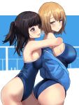  2girls ass bangs blonde_hair blue_jacket blush breast_press breasts breath brown_hair commentary_request competition_school_swimsuit cropped_background eyebrows_visible_through_hair from_side hair_tie highres hug jacket jacket_over_swimsuit large_breasts medium_hair mole mole_on_breast multiple_girls one-piece_swimsuit open_mouth original purple_eyes school_swimsuit short_hair side_ponytail sideboob swimsuit thighs untue yellow_eyes 
