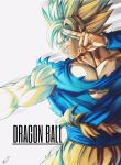  1boy absurdres aura bare_pecs blonde_hair blue_eyes copyright_name dragon_ball dragon_ball_z energy english_text highres looking_to_the_side male_focus muscle orange_pants pectorals salute shirt sleeveless smile solo son_goku spiked_hair sumutemu super_saiyan torn_clothes torn_shirt 