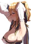  1girl armpits arms_behind_head arms_up bangs blonde_hair blue_eyes blush breasts clearite cleavage commentary detached_sleeves genshin_impact jean_gunnhildr large_breasts long_hair looking_at_viewer multicolored_capelet romaji_commentary simple_background solo white_background 