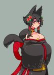  1girl animal_ears black_hair breasts bursting_breasts cleavage grey_background hair_ornament hair_tubes highres iccoco large_breasts long_hair long_sleeves off_shoulder original red_eyes rope simple_background smile solo tail upper_body wide_sleeves 