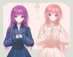  2girls blue_dress blue_eyes carcano_m1891_(girls_frontline) carcano_m91/38_(girls_frontline) closed_mouth dress eyebrows_visible_through_hair girls_frontline green_eyes long_hair looking_down multiple_girls pink_hair purple_hair simple_background smile urano_ura 