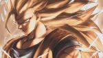  1boy blonde_hair blue_eyes blue_shirt dragon_ball dragon_ball_z expressionless highres lightning_bolt long_hair looking_at_viewer male_focus muscle pectorals shirt solo son_goku spiked_hair sumutemu super_saiyan super_saiyan_3 upper_body yellow_theme 