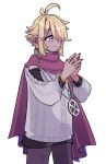  androgynous blonde_hair bracelet cape cowboy_shot ear_piercing earrings hair_ornament hairclip highres iccoco jewelry long_sleeves mole mole_under_mouth necklace original piercing purple_eyes safety_pin short_hair simple_background solo sweater white_background 