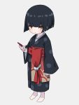  1girl bangs black_hair black_kimono blush brown_eyes cellphone closed_mouth commentary_request eyebrows_visible_through_hair full_body grey_background highres holding holding_phone japanese_clothes kimono kuro_kosyou long_sleeves no_shoes obi original phone polka_dot polka_dot_kimono sash short_eyebrows simple_background sleeves_past_wrists socks solo standing thick_eyebrows white_legwear wide_sleeves 