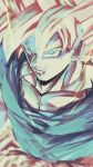  1boy absurdres blonde_hair blue_eyes blue_shirt blue_theme dragon_ball dragon_ball_z expressionless from_above highres light_rays male_focus muscle pectorals shirt solo son_goku spiked_hair sumutemu super_saiyan upper_body 