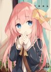 1girl :o animal_ears bag black_jacket blue_eyes blush bow bunny_ears commentary_request door hair_bow hands_up highres interlocked_fingers jacket kushida_you long_hair long_sleeves looking_at_viewer open_clothes open_jacket original parted_lips pink_hair sailor_collar shirt shoulder_bag sleeves_past_wrists solo upper_body very_long_hair white_sailor_collar white_shirt yellow_bow 