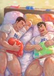  2boys abs arm_hair bara barry_go bed blush body_hair brown_hair bulge closed_eyes couple facial_hair flaccid fundoshi goatee hairy highres japanese_clothes kengo_(tokyo_houkago_summoners) laughing leg_hair lying male_focus male_pubic_hair male_underwear master_3_(tokyo_houkago_summoners) multiple_boys muscle no_pants on_back on_side pectorals pillow pubic_hair shirt thick_eyebrows thick_thighs thighs tokyo_houkago_summoners underwear white_male_underwear white_shirt yaoi 
