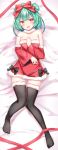  1girl :d absurdres bare_shoulders bed_sheet black_legwear bow dakimakura_(medium) detached_sleeves double_bun dress full_body fur_collar fur_trim green_hair hair_bow hand_on_own_chest highres hololive long_sleeves looking_at_viewer lying no_shoes on_back open_mouth red_dress red_eyes red_ribbon ribbon santa_costume santa_dress short_hair smile solo strapless strapless_dress thighhighs uruha_rushia virtual_youtuber yuano zettai_ryouiki 