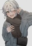  1girl arm_up bag bangs blue_coat blush coat grey_background grey_eyes grey_hair hand_on_own_chest handbag idolmaster idolmaster_cinderella_girls iwawa laughing long_sleeves looking_at_viewer one_eye_closed open_mouth scarf shiomi_syuko shoulder_bag smile solo tearing_up upper_body 