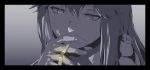  1girl arknights bandaid bandaid_on_face bandaid_on_nose black_border border cigarette face gloves greyscale holding long_hair monochrome simple_background smoking solo spot_color texas_(arknights) tsukira_(amayadori) upper_body 