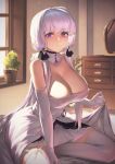  1girl azur_lane backlighting bangs bare_shoulders blue_eyes blush breasts cleavage closed_mouth dress elbow_gloves gloves highres illustrious_(azur_lane) itaco lace_trim large_breasts long_hair looking_at_viewer plant potted_plant seiza sitting smile strapless strapless_dress thighhighs tri_tails white_dress white_gloves white_hair white_legwear window 