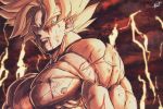  1boy absurdres blonde_hair blood blood_from_mouth blood_on_face blue_eyes dragon_ball dragon_ball_z expressionless highres injury looking_at_viewer male_focus muscle nipples nude pectorals serious solo son_goku spiked_hair sumutemu super_saiyan upper_body veins 