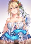  1boy 1girl aldehyde bangs bare_shoulders blonde_hair blue_cape blue_eyes blue_gloves blue_ribbon blush breasts cape cleavage closed_mouth collarbone dress erection europa_(granblue_fantasy) flower gloves granblue_fantasy hair_flower hair_ornament handjob hetero highres large_breasts looking_at_viewer penis ribbon smile tiara white_dress 